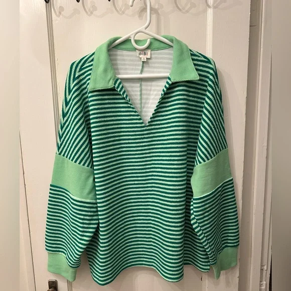 NWOT Bibi Green Striped Long Sleeve Shirt - Picture 2 of 3